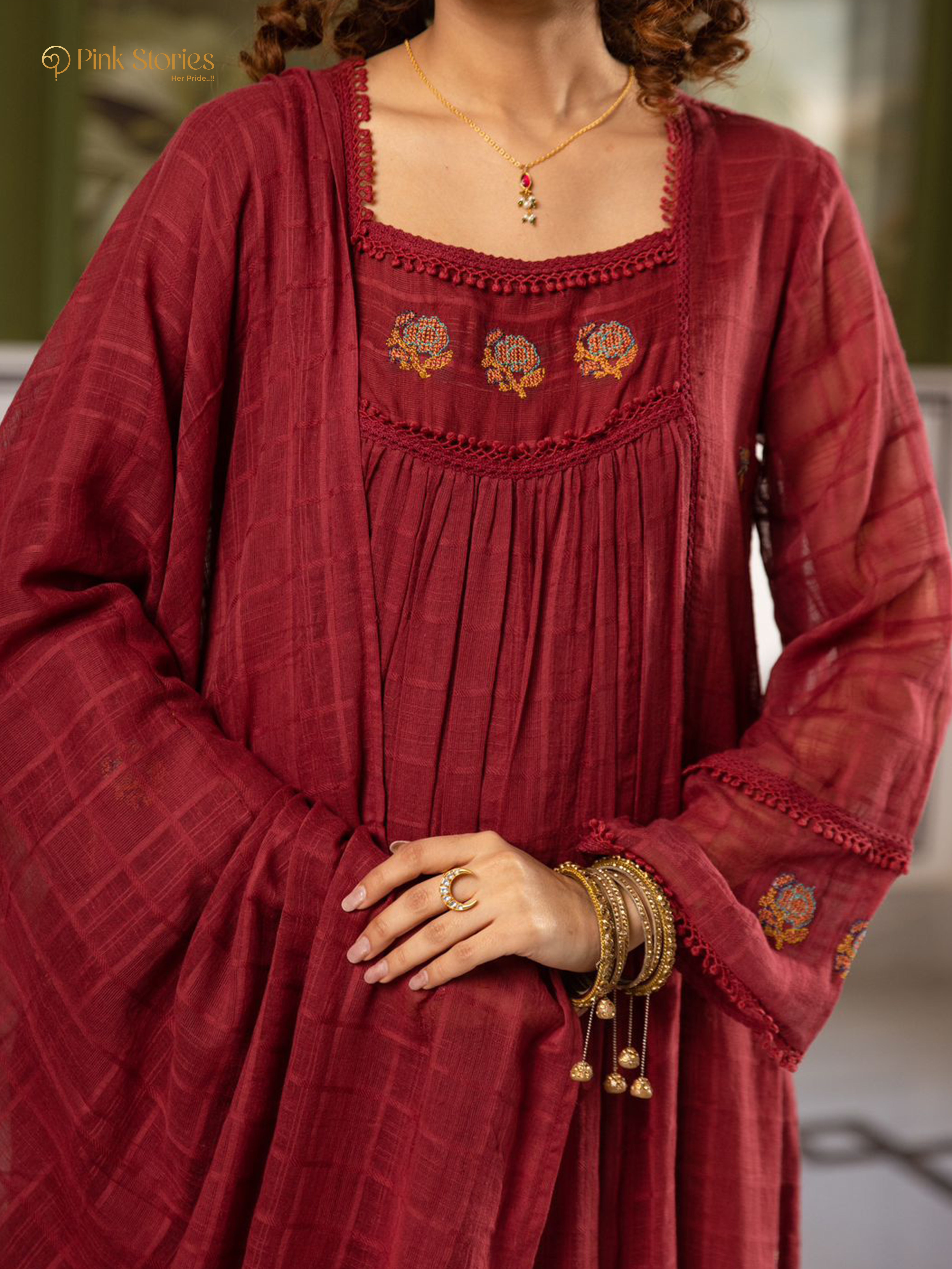 Panelled mul cotta 3Pc A-line anarakali- dusty maroon