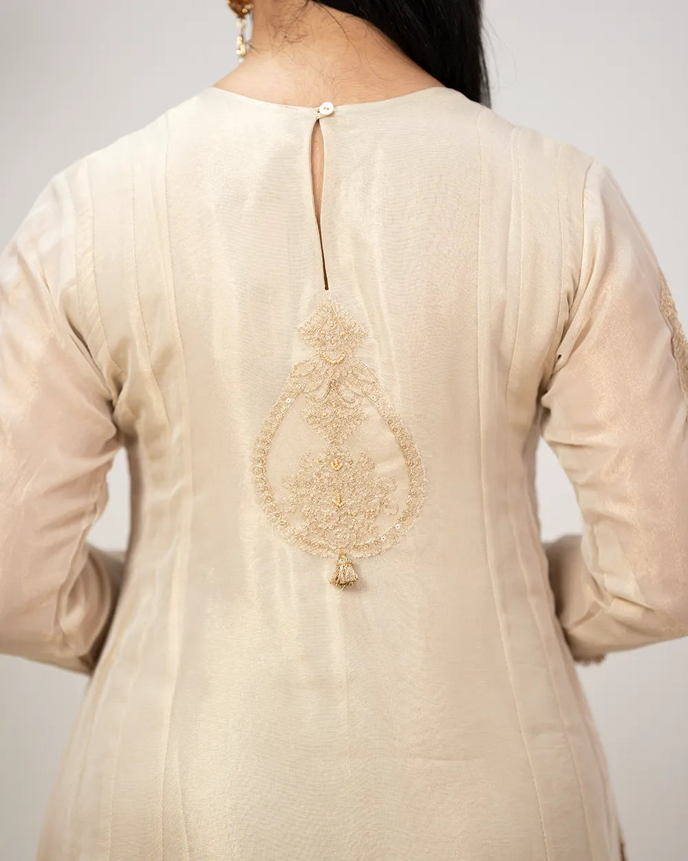 Tissue silk panelled salwar suit with embroidery- beige
