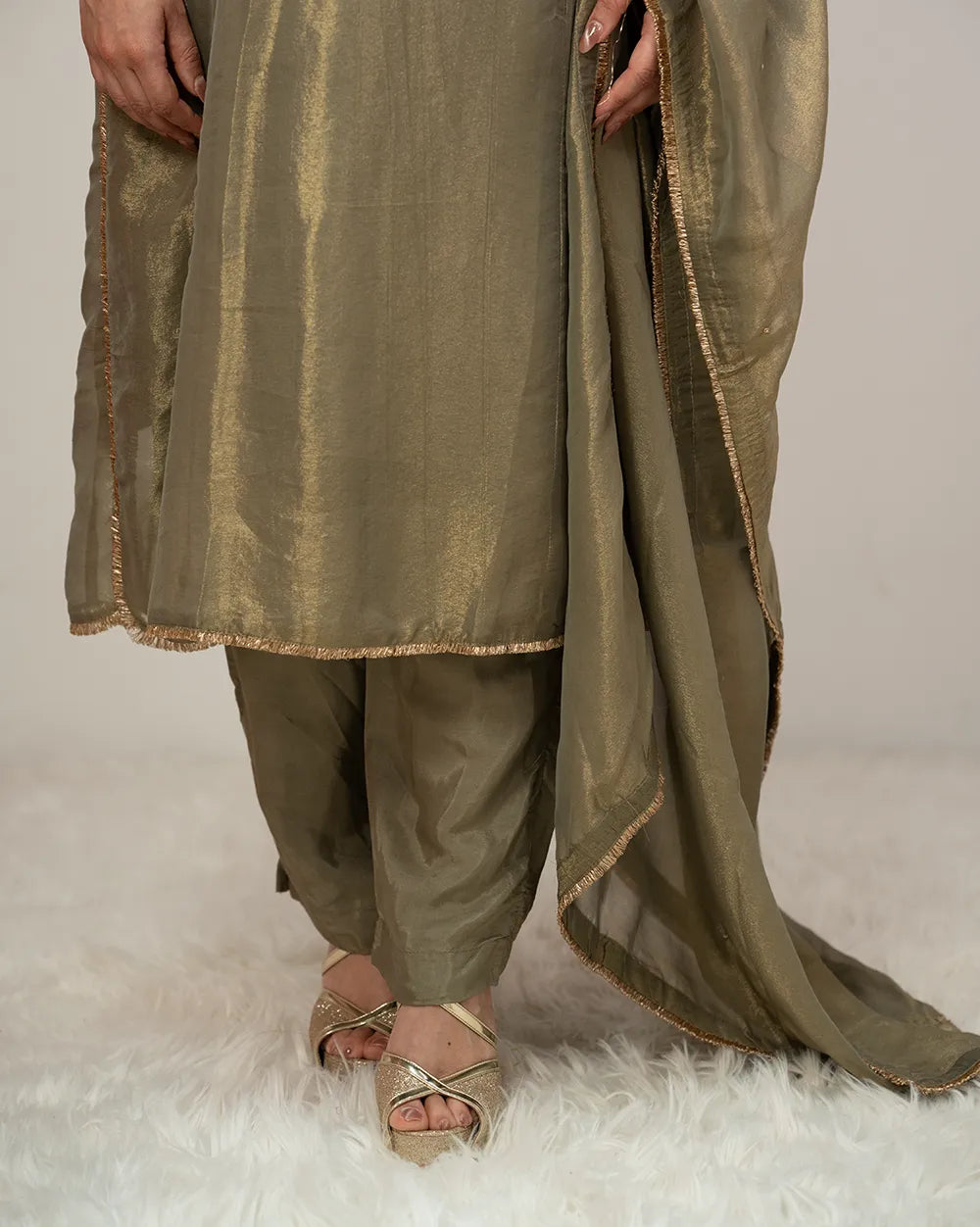 Tissue silk panelled salwar suit with embroidery- olive grey