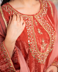 Handworked crushed velvet salwar suit- dark peach