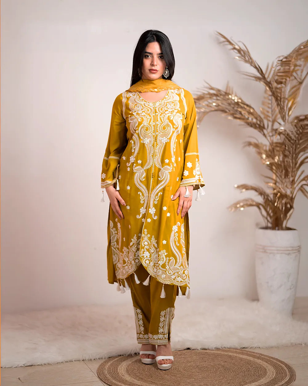 Embroidered cotton rayon 3pc suit- mustard yellow