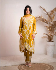 Embroidered cotton rayon 3pc suit- mustard yellow