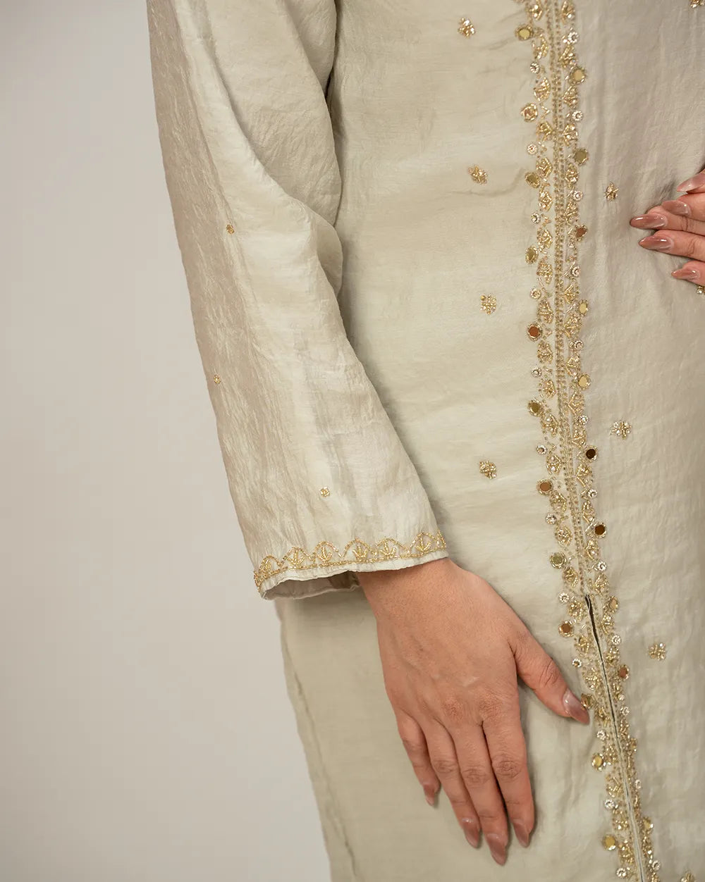 Handworked double slitted suit with mirrors- grey shade