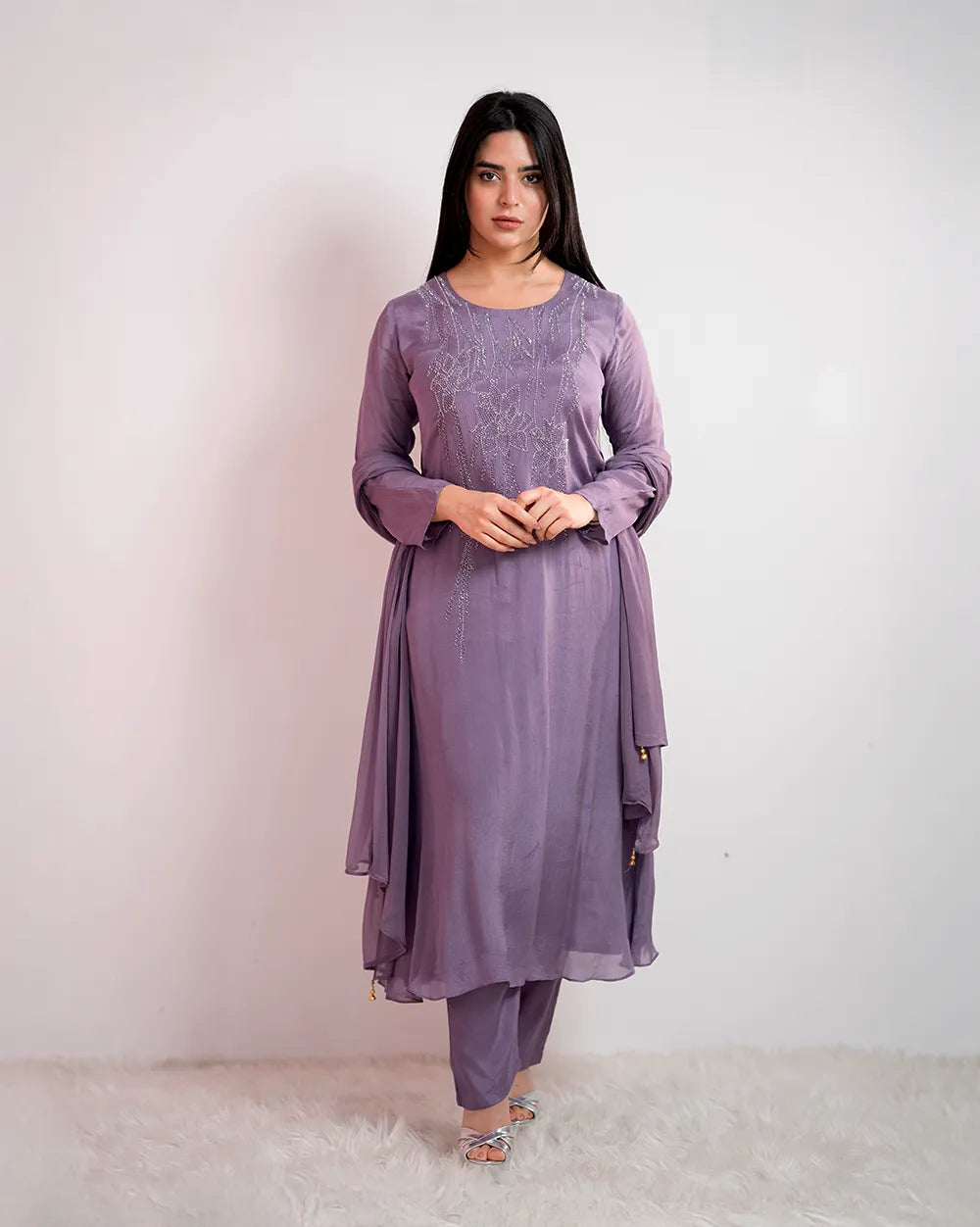 Handworked A-line salwar suit - lavender shade