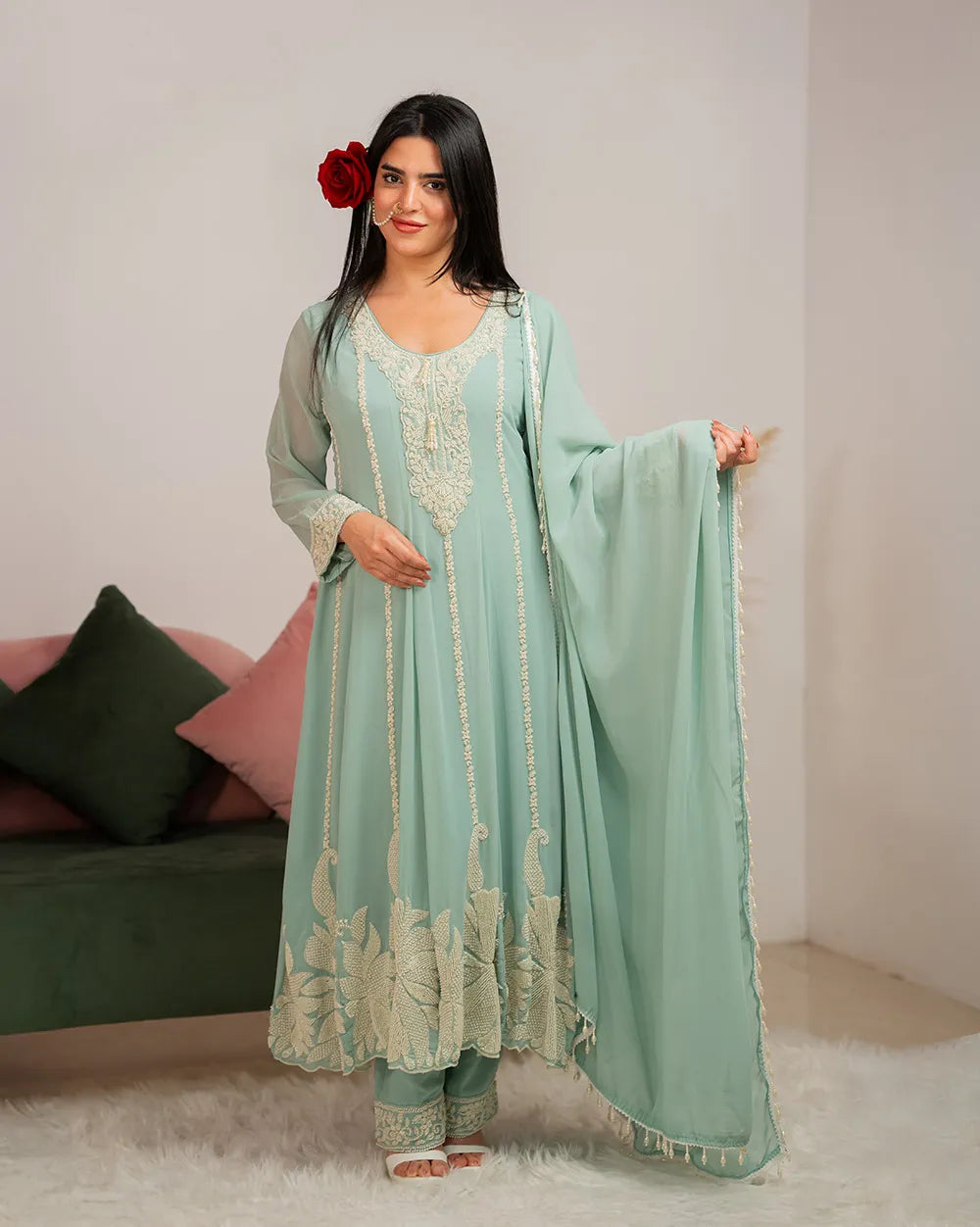 Heavy handworked anarkali- light cyan