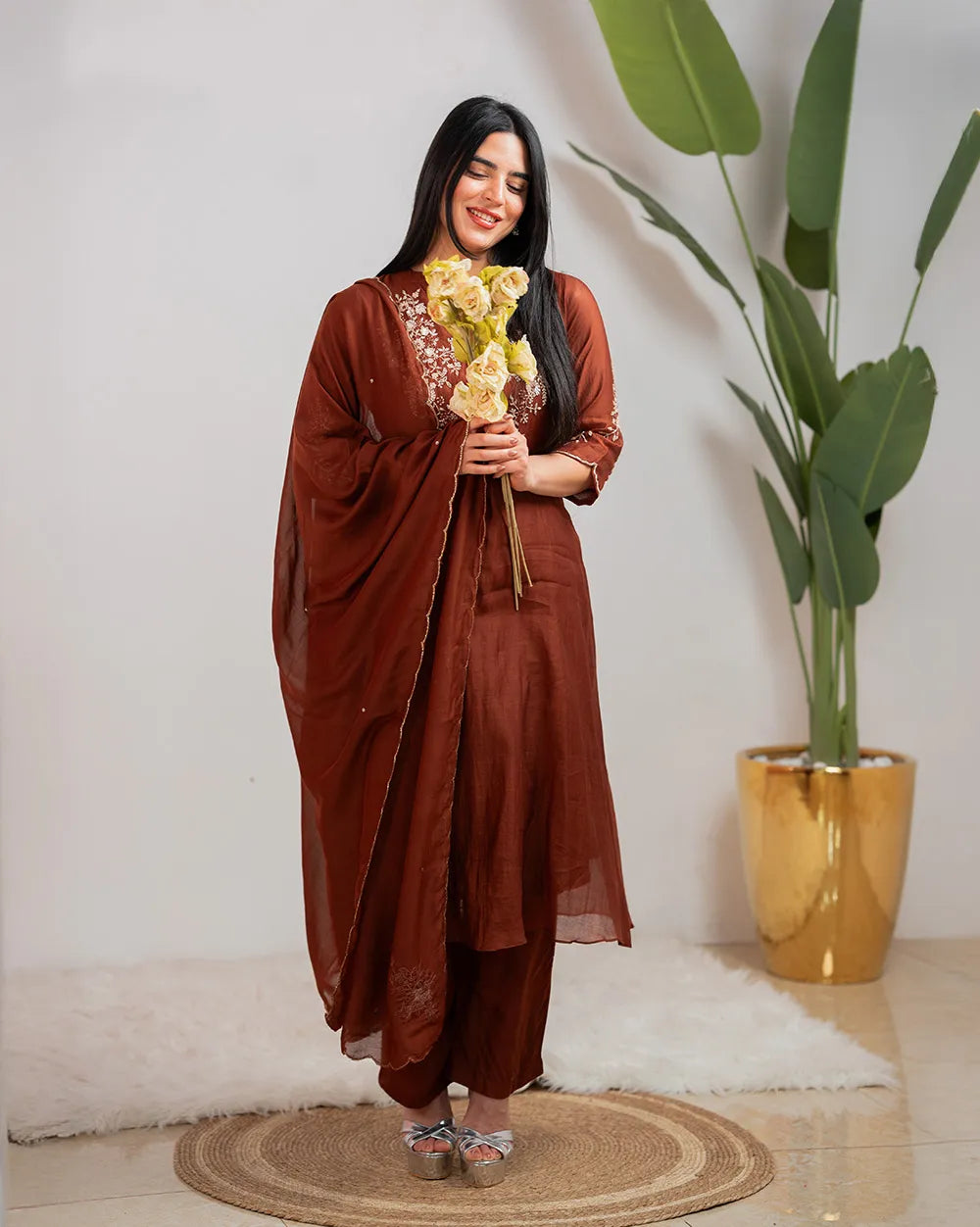 Handworked mul chanderi A-line suit- brown
