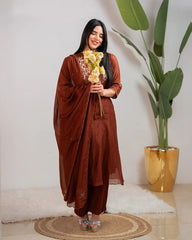 Handworked mul chanderi A-line suit- brown