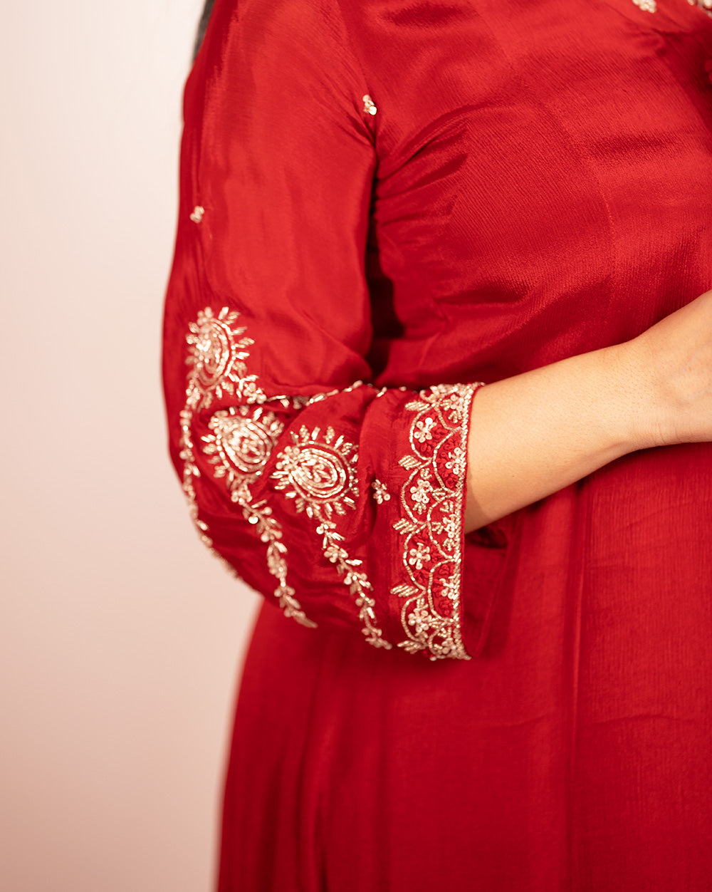 Hand Worked Panel Cut Anarkali - Red