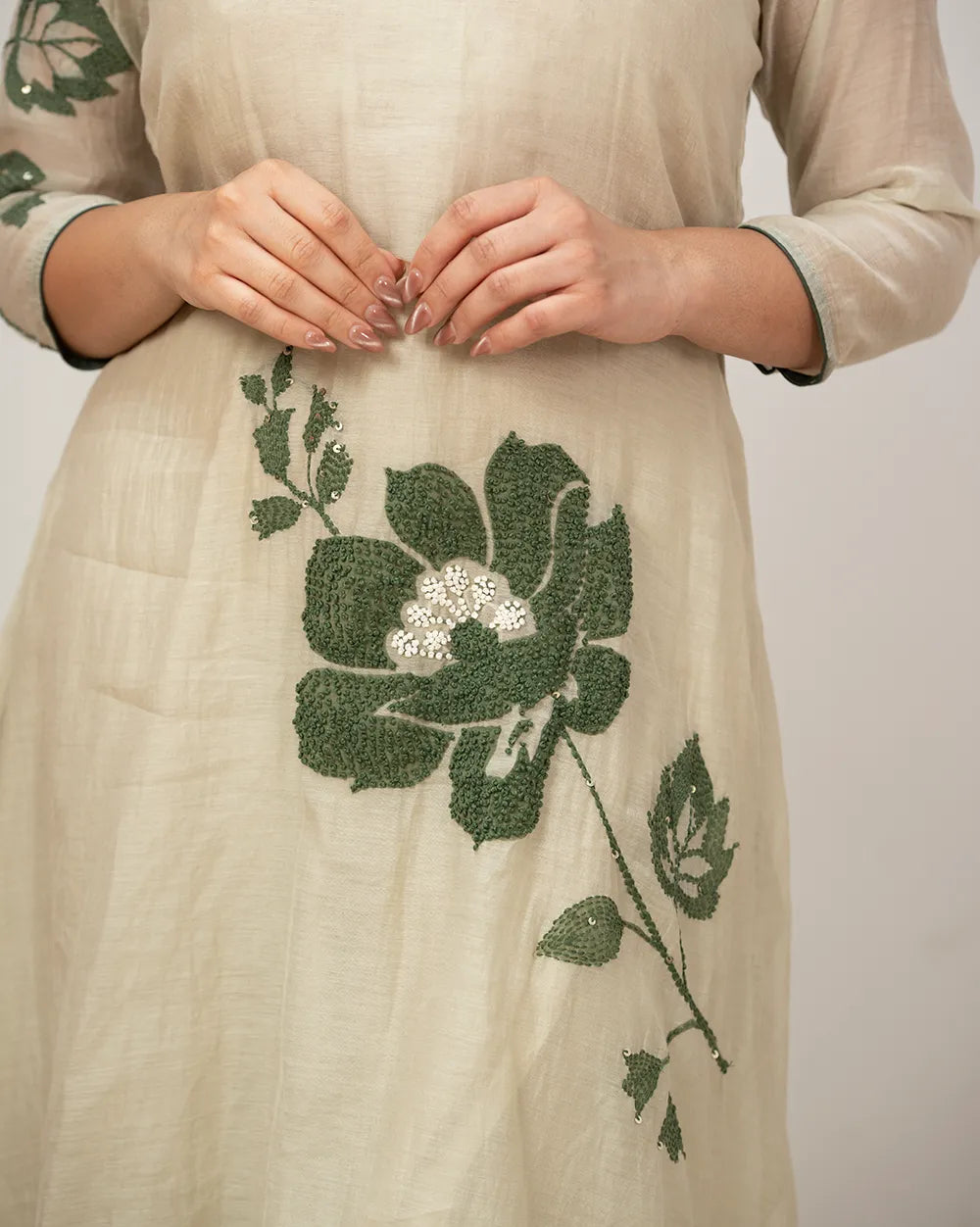 Handworked mul chanderi A-line suit-grey