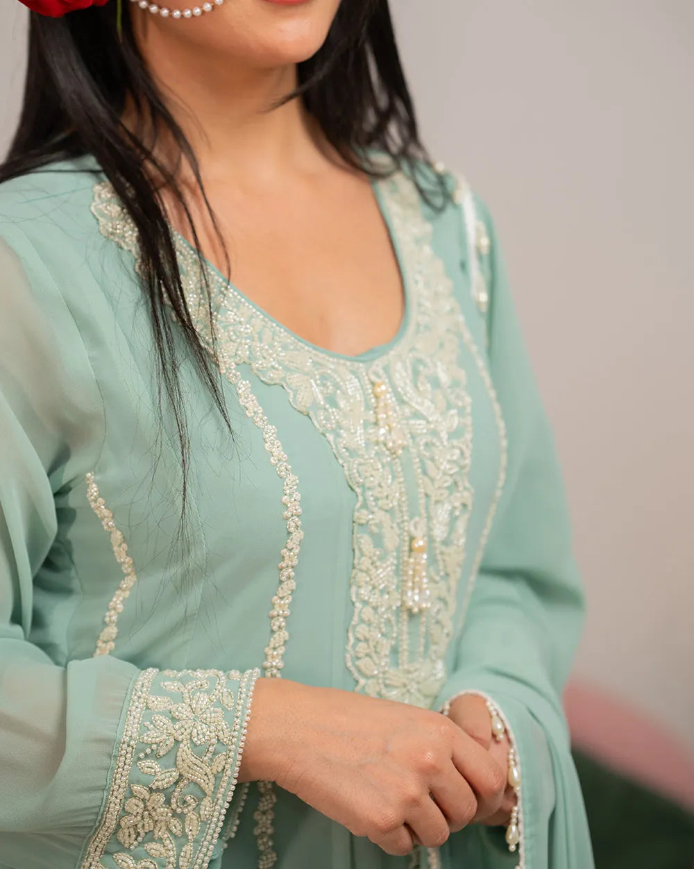Heavy handworked anarkali- light cyan