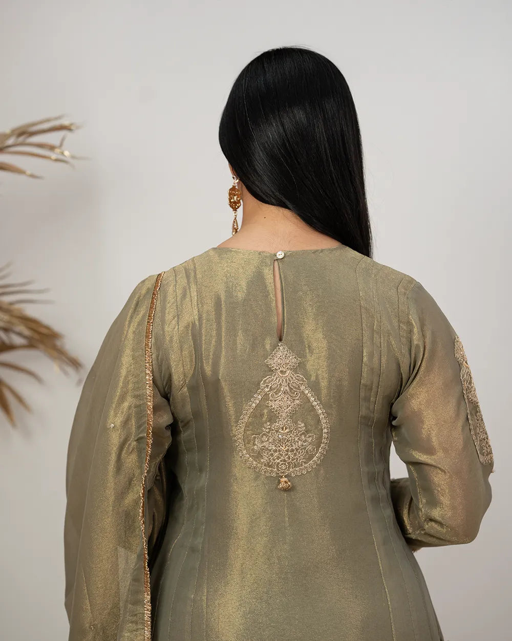 Tissue silk panelled salwar suit with embroidery- olive grey