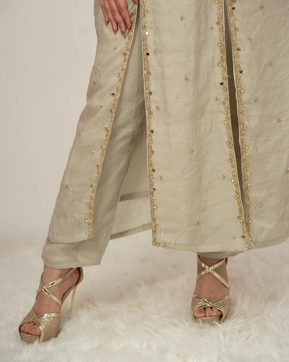 Handworked double slitted suit with mirrors- grey shade
