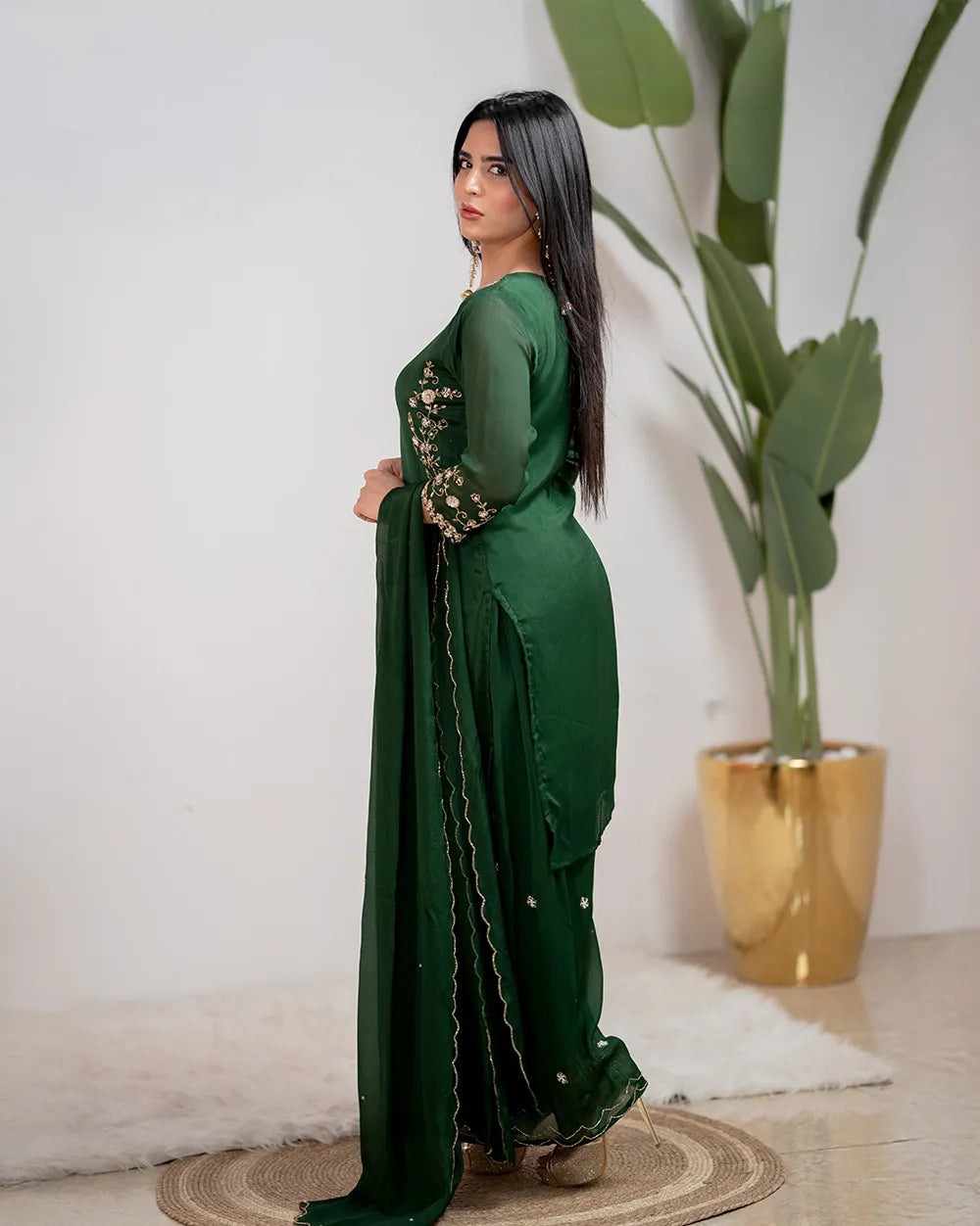 Handworked sharara suit- green