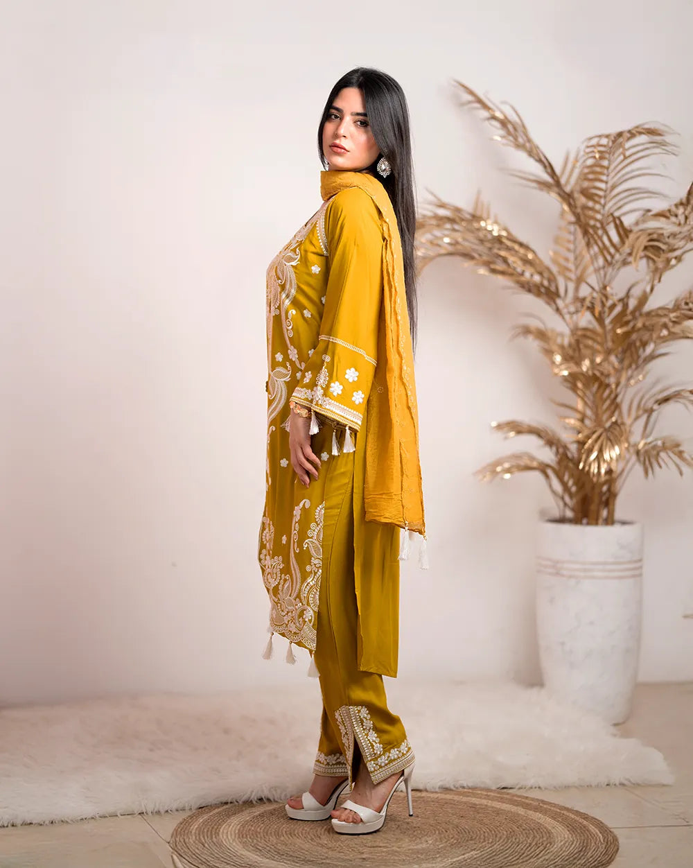 Embroidered cotton rayon 3pc suit- mustard yellow