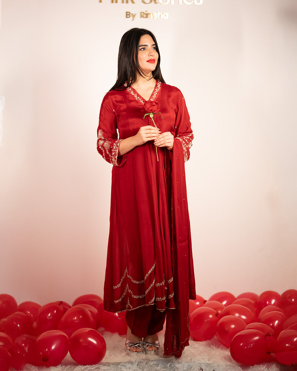 Hand Worked Panel Cut Anarkali - Red