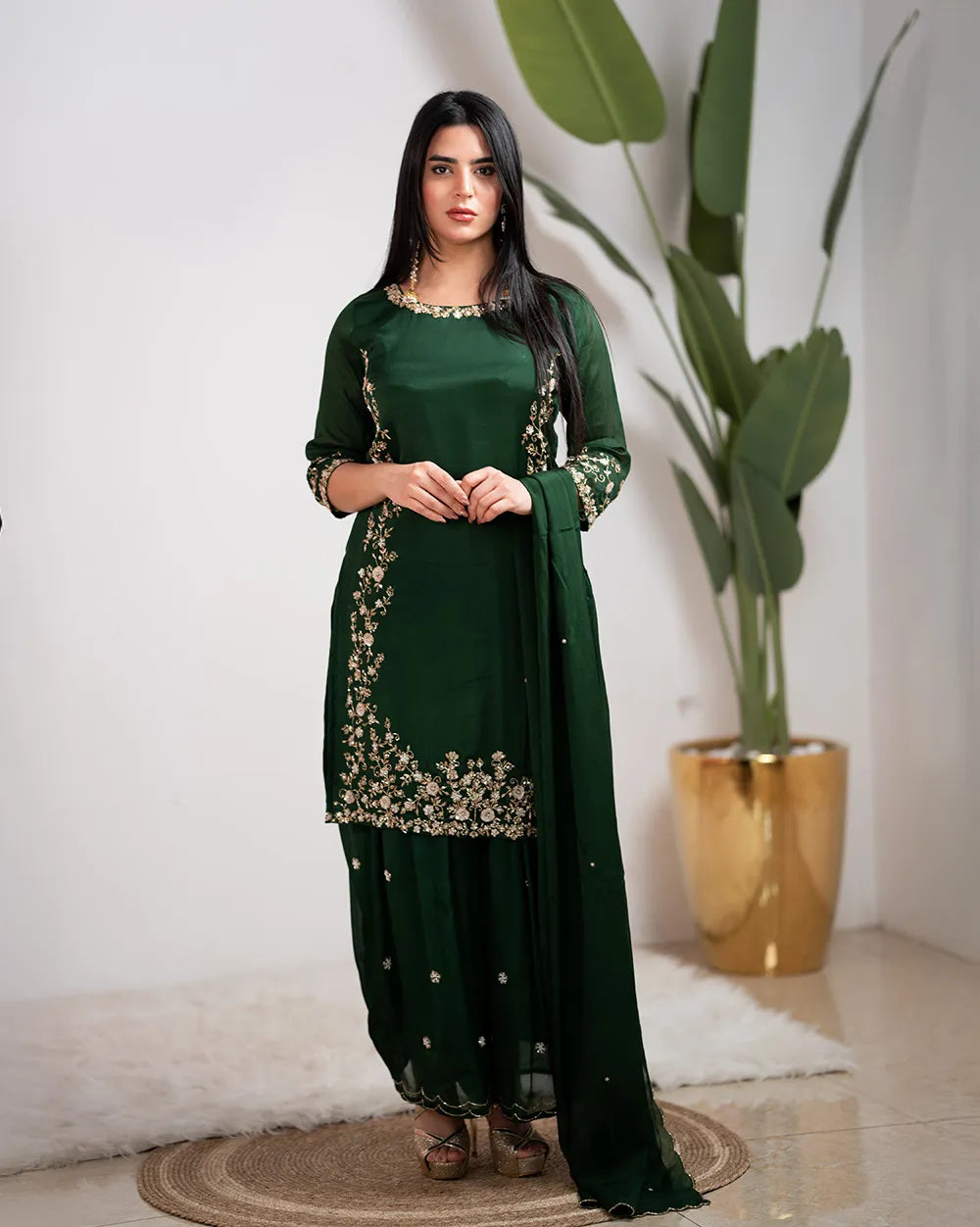 Handworked sharara suit- green