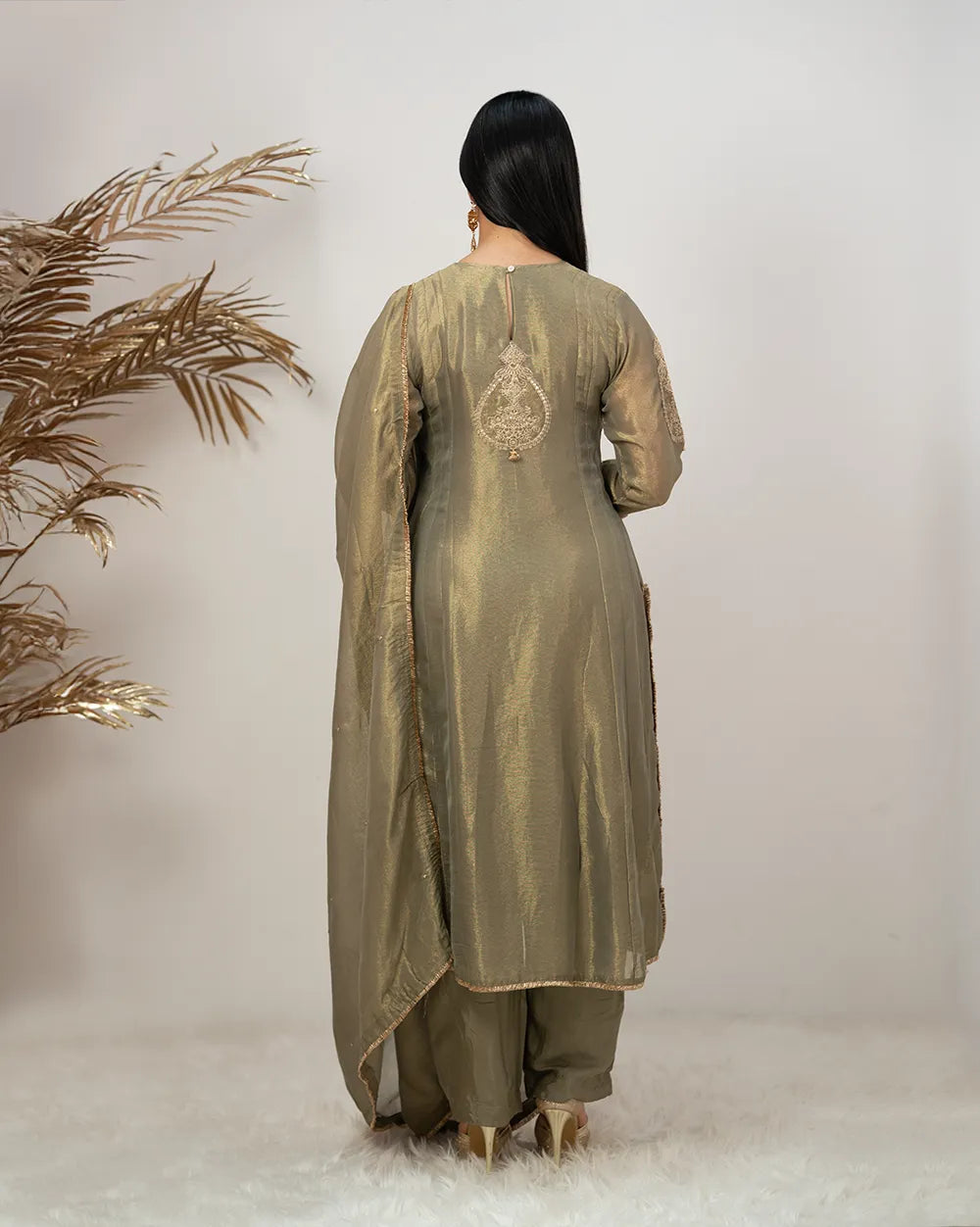 Tissue silk panelled salwar suit with embroidery- olive grey