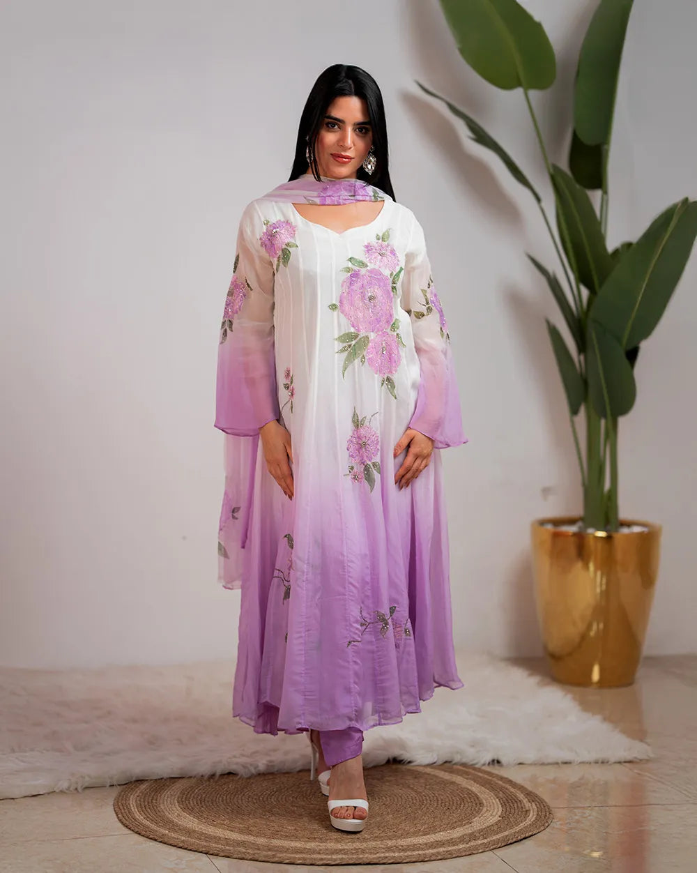 Ombre shaded panelcut anarkali- white and lilac
