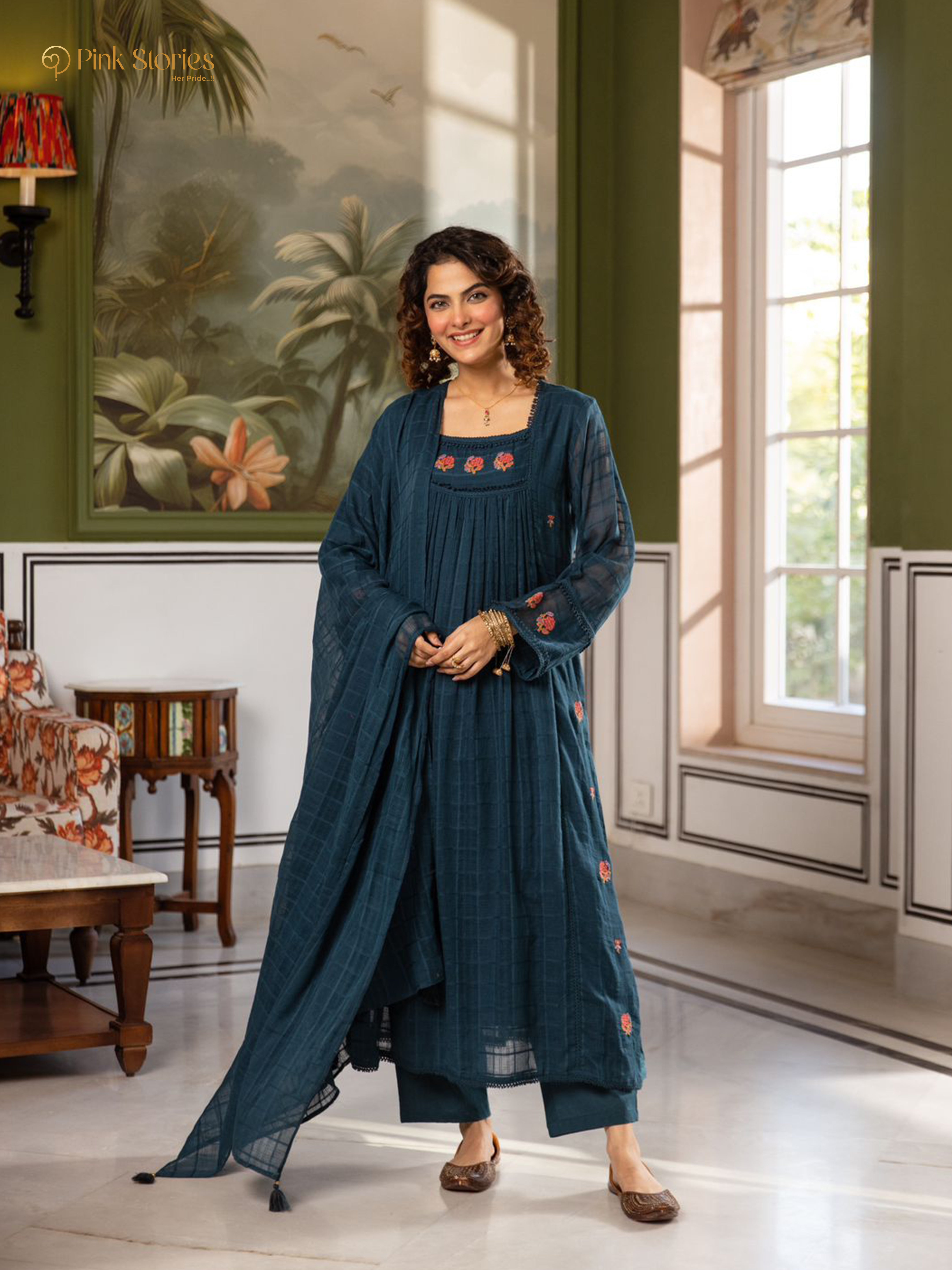 Panelled mul cotta 3Pc A-line anarakali- dark teal blue