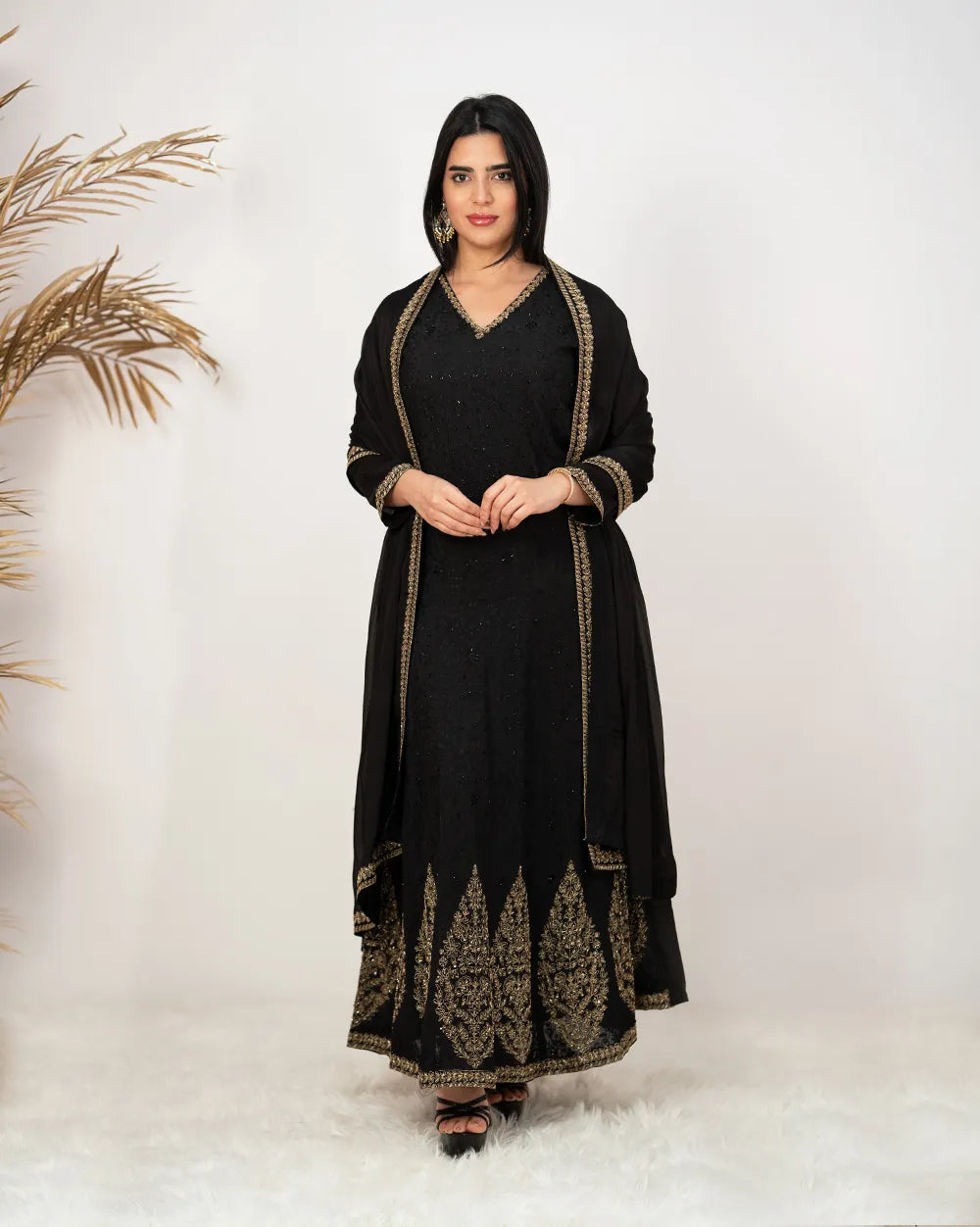 Handworked panel cut 2pc gown-black