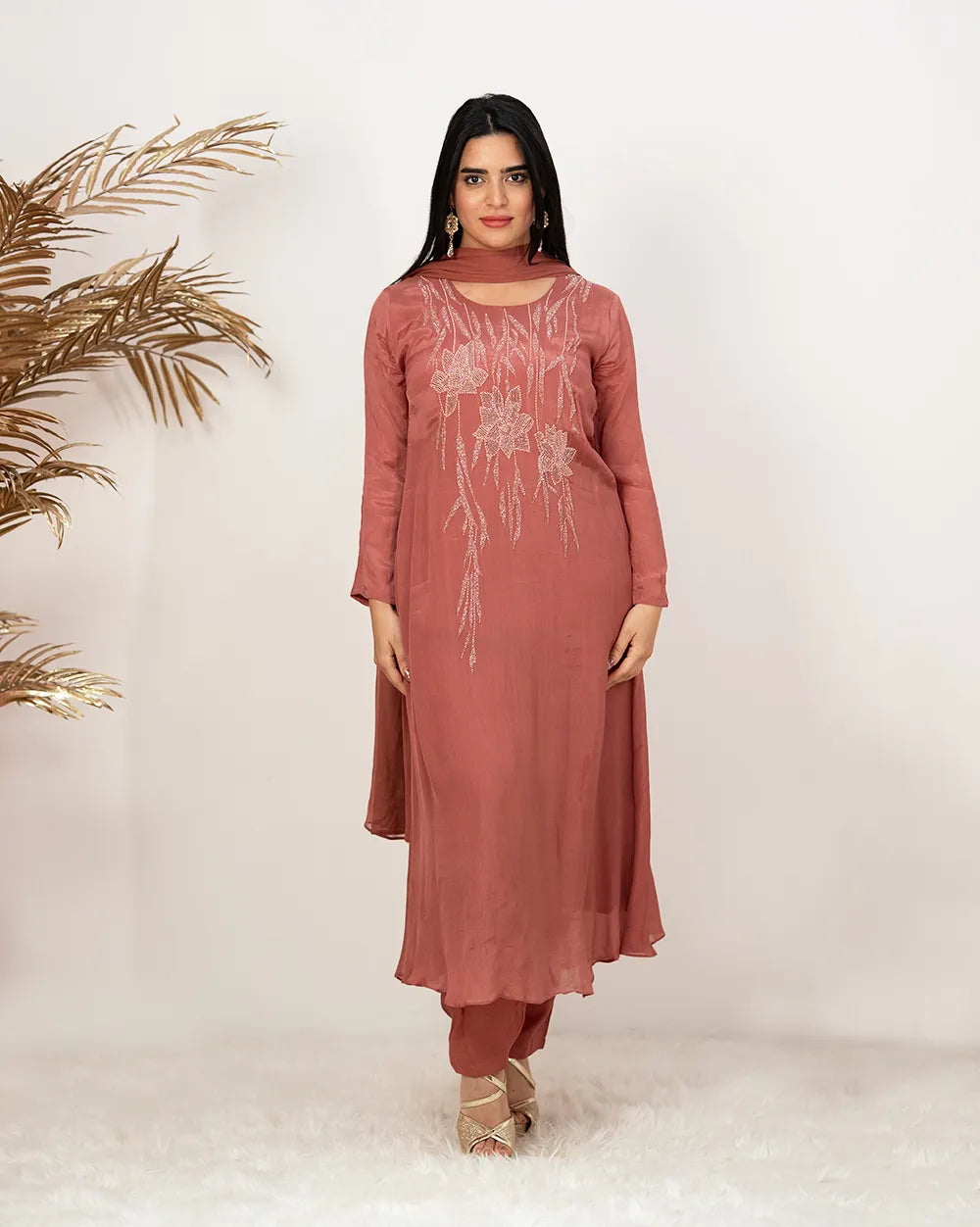 Handworked A-line salwar suit - onion pink