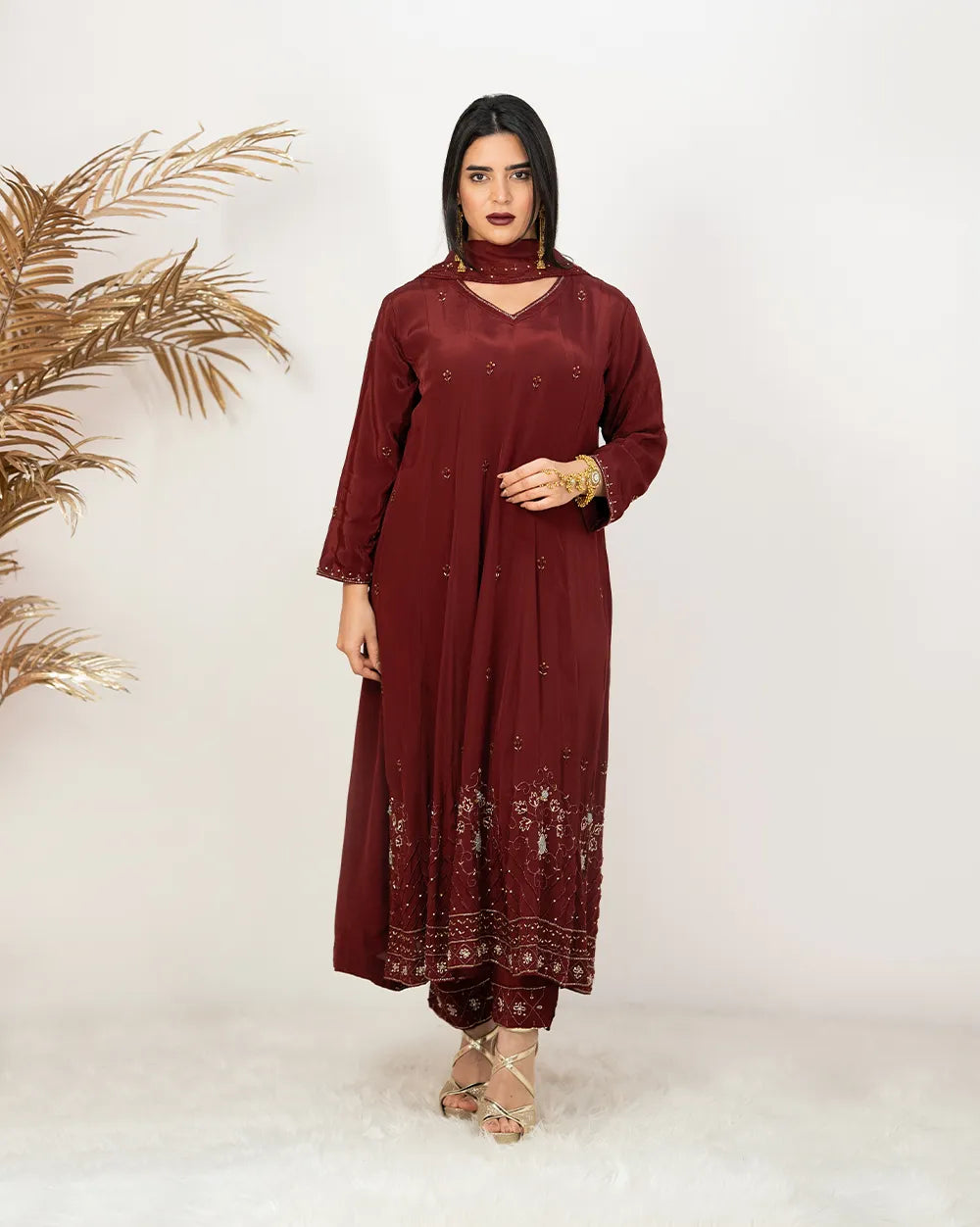 Heavy handworked panel cut anarkali- maroon