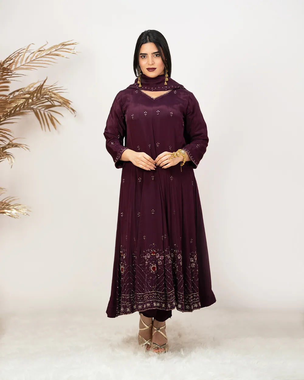 Heavy handworked panel cut anarkali- wine purple