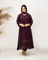 Heavy handworked panel cut anarkali- wine purple