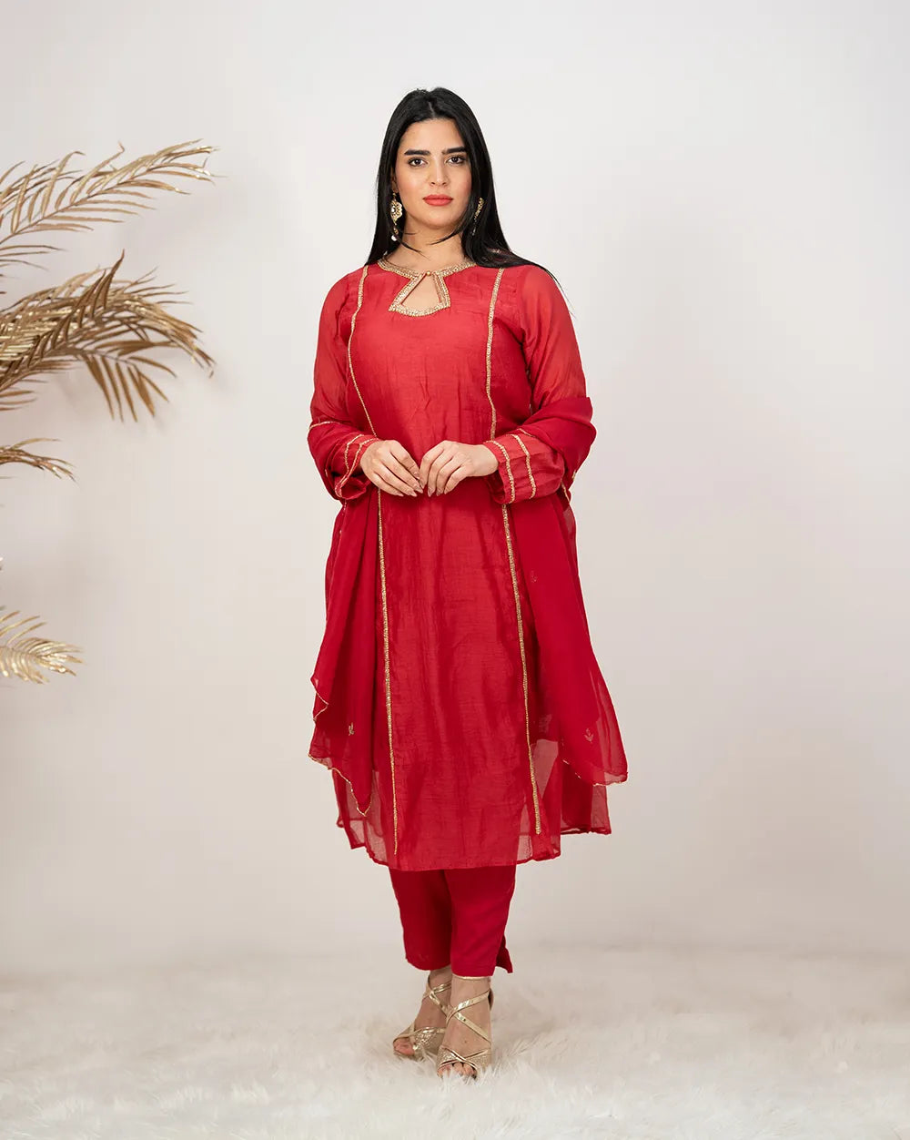 Handworked mul chanderi A-line suit- pink red