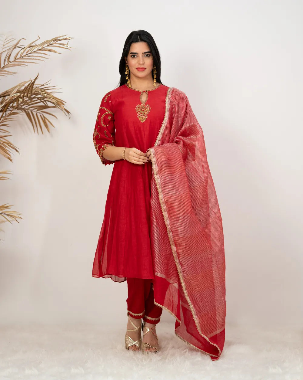 Handworked A-line panelled suit- red