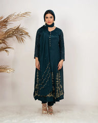 Handworked V-neck chinon anarkali- peacock blue