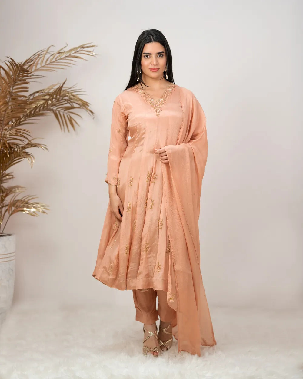 Handworked panel cut anarkali suit-peach