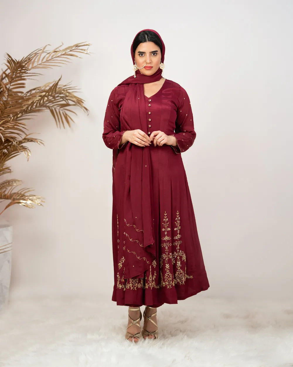 Handworked V-neck chinon anarkali- wine shade