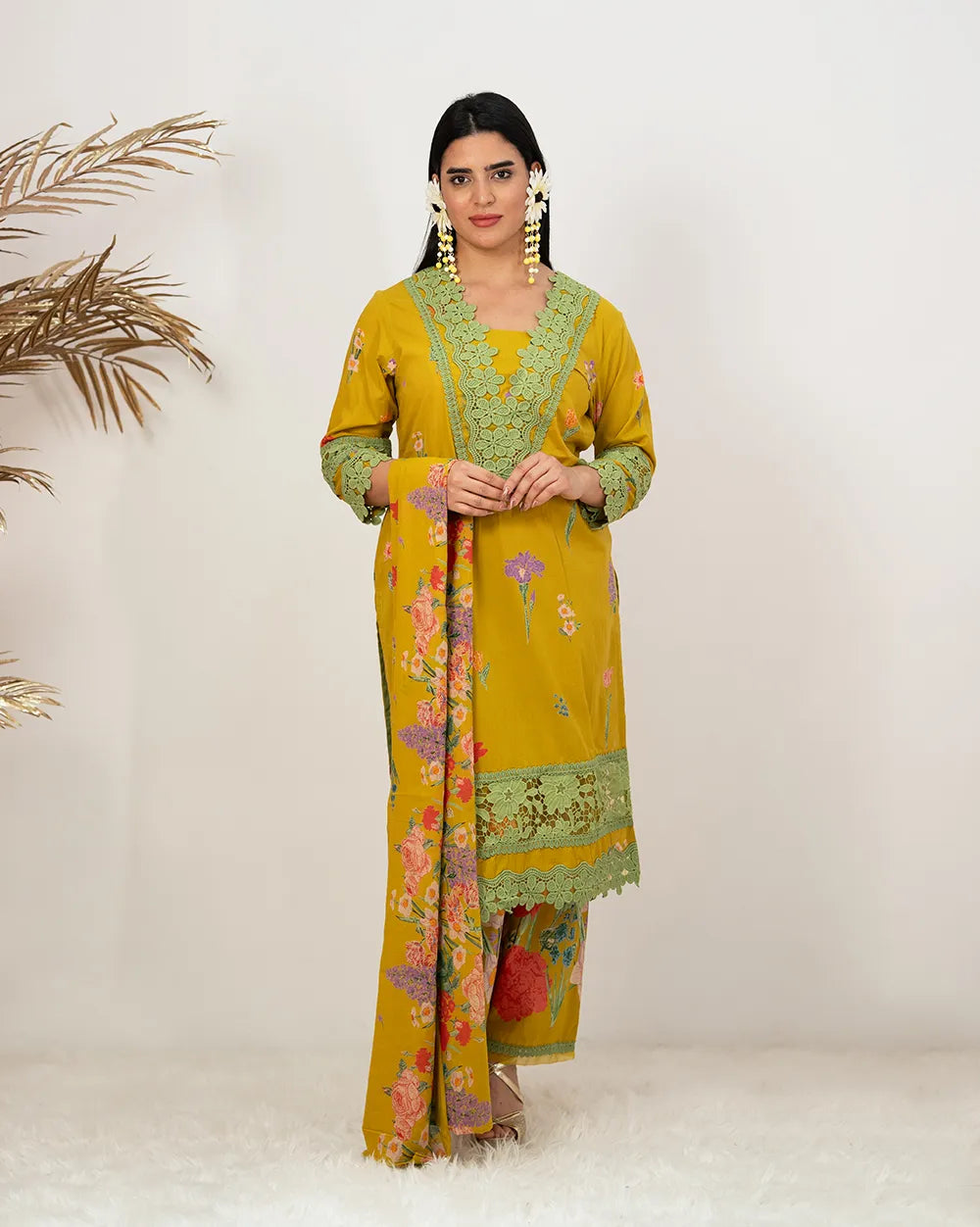 floral printed cotton salwar suit with lace work-yellow