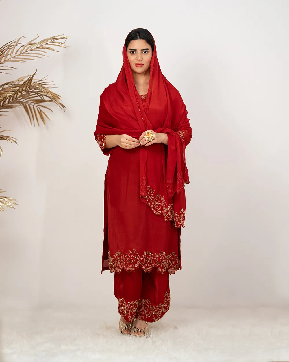 Handworked crepe silk palazzo suit- red