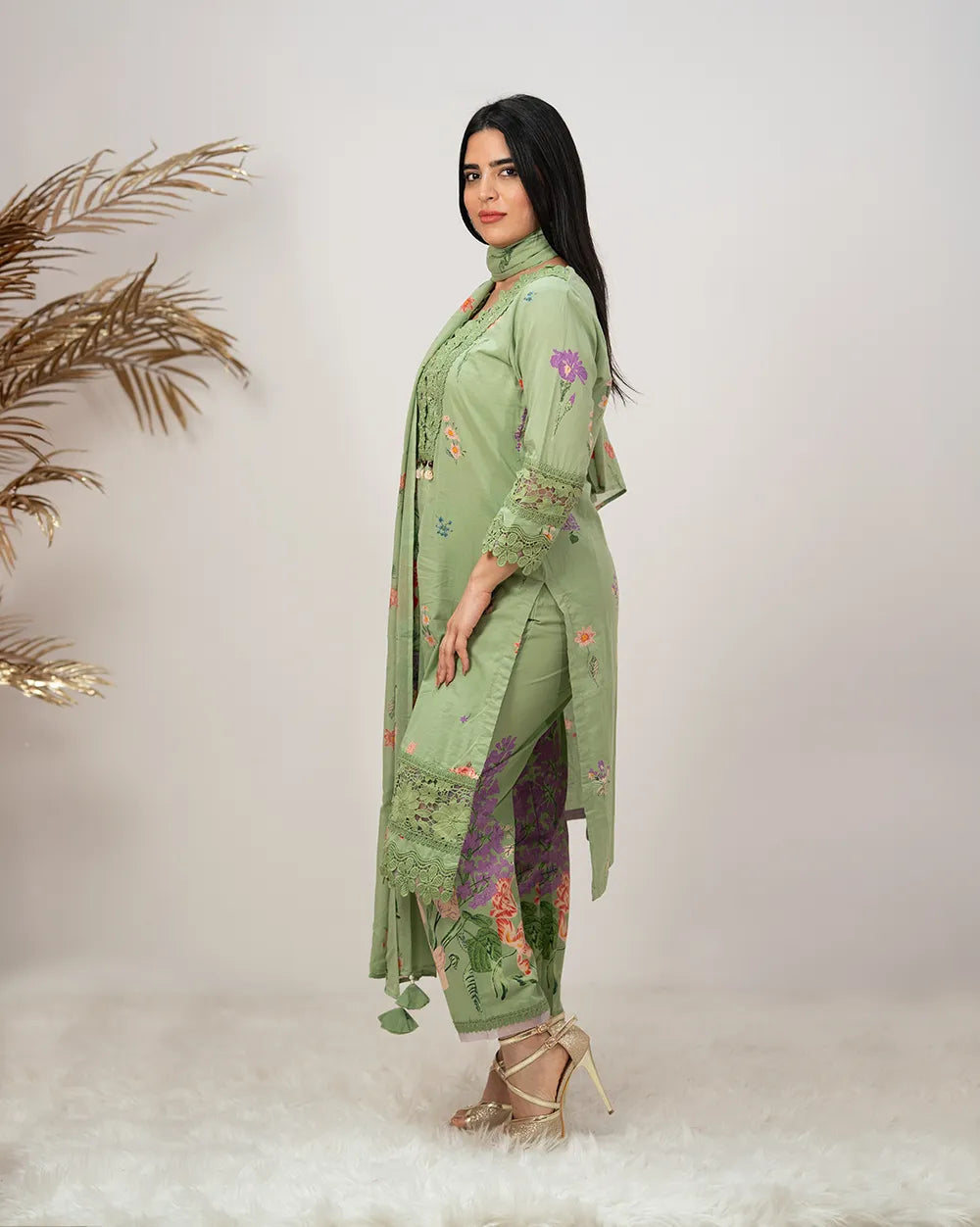 floral printed cotton salwar suit with lace work-green