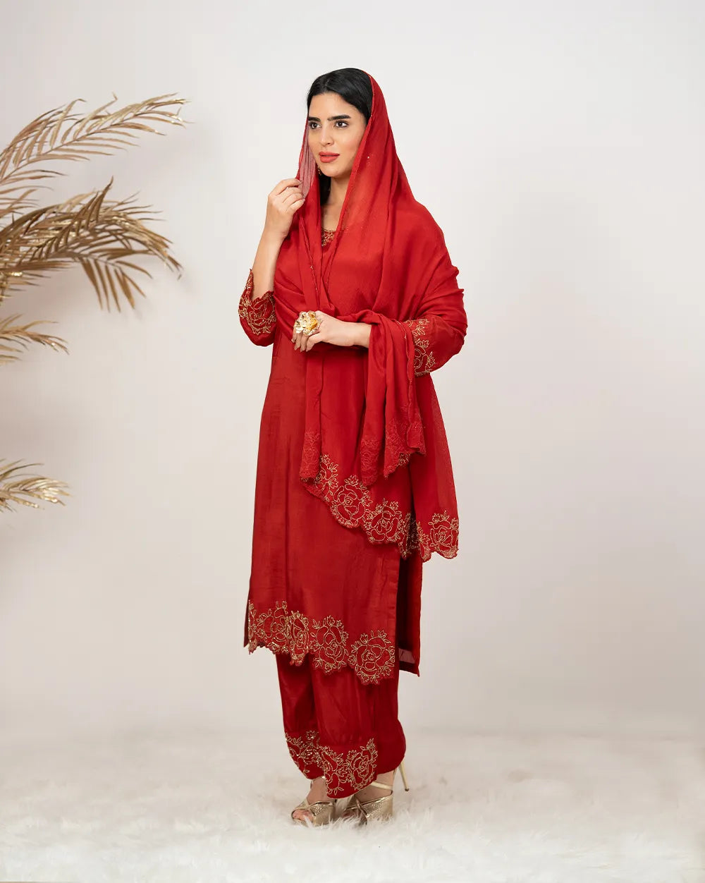 Handworked crepe silk palazzo suit- red