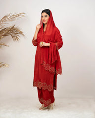 Handworked crepe silk palazzo suit- red