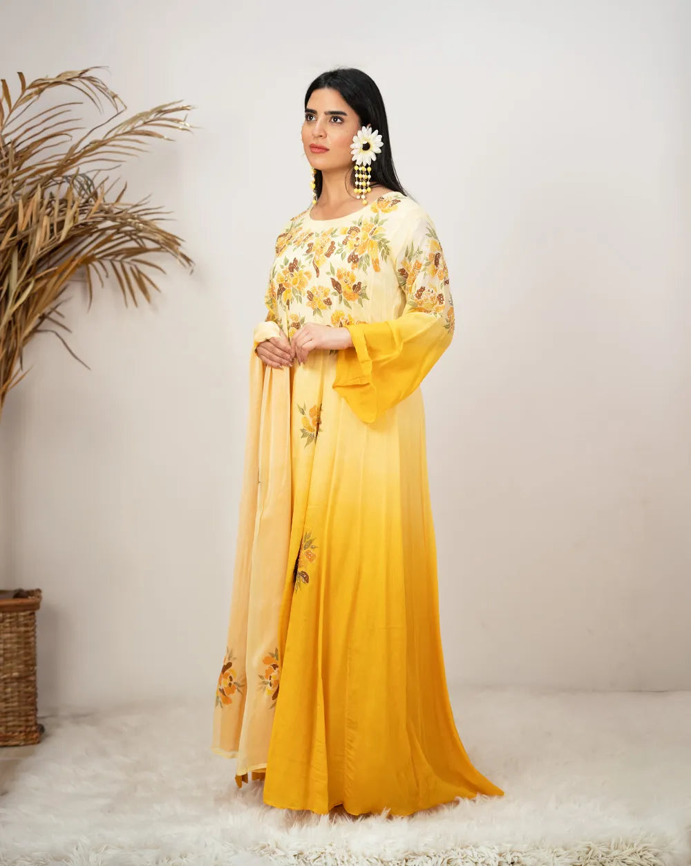 Ombre shaded handworked panel cut anarkali- yelow