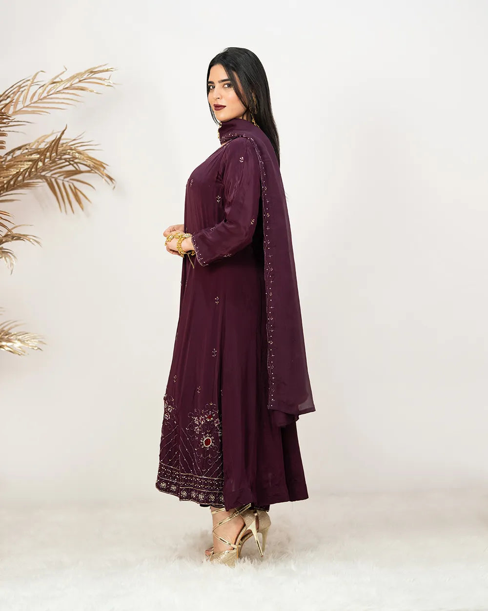 Heavy handworked panel cut anarkali- wine purple