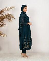 Handworked V-neck chinon anarkali- peacock blue