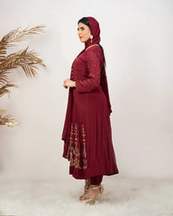 Handworked V-neck chinon anarkali- wine shade