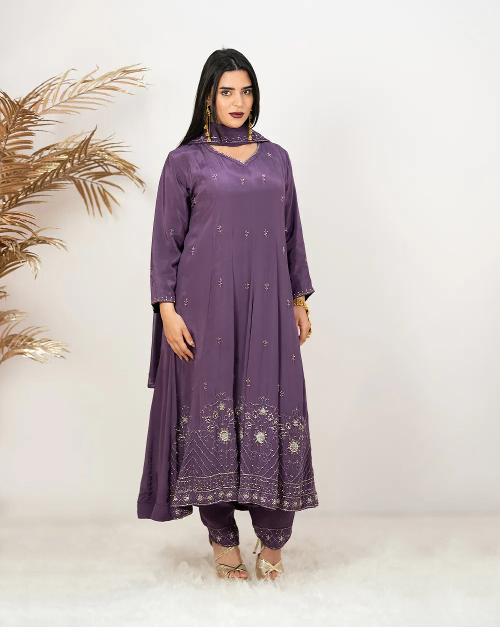 Heavy handworked panel cut anarkali- purple
