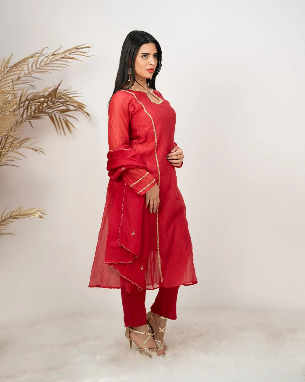 Handworked mul chanderi A-line suit- pink red