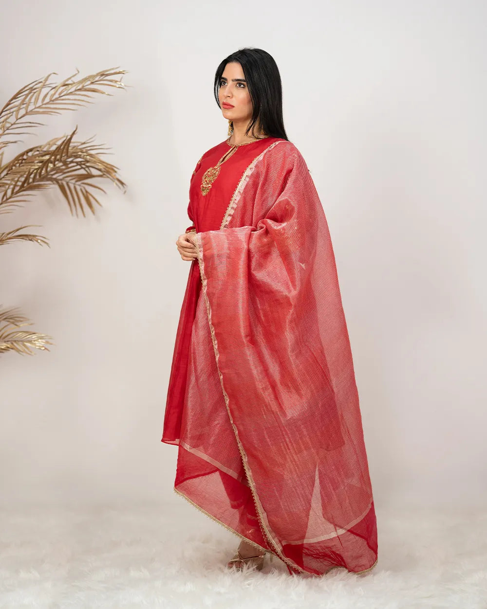 Handworked A-line panelled suit- red