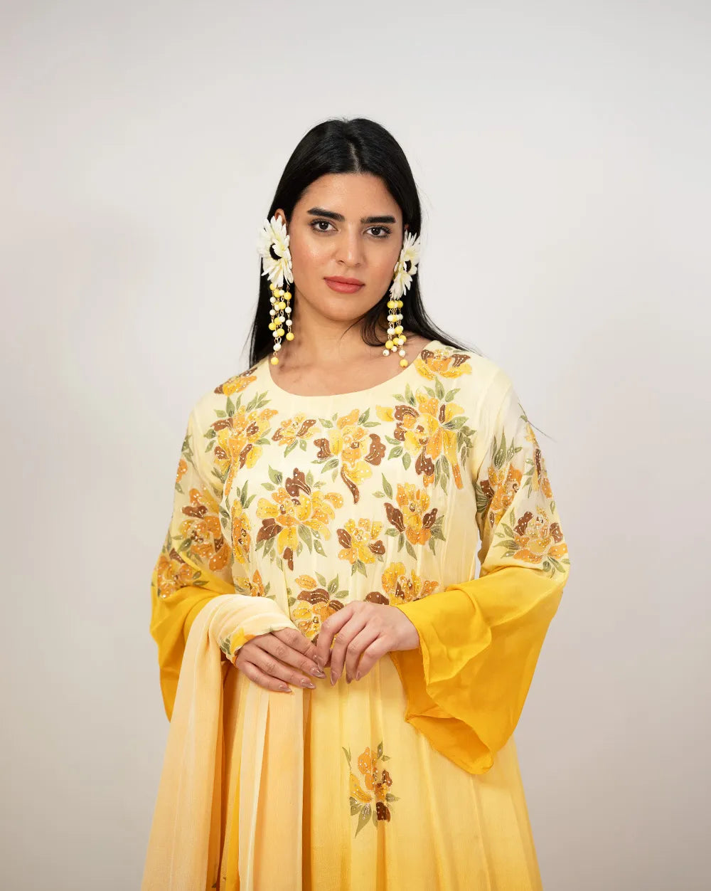 Ombre shaded handworked panel cut anarkali- yelow