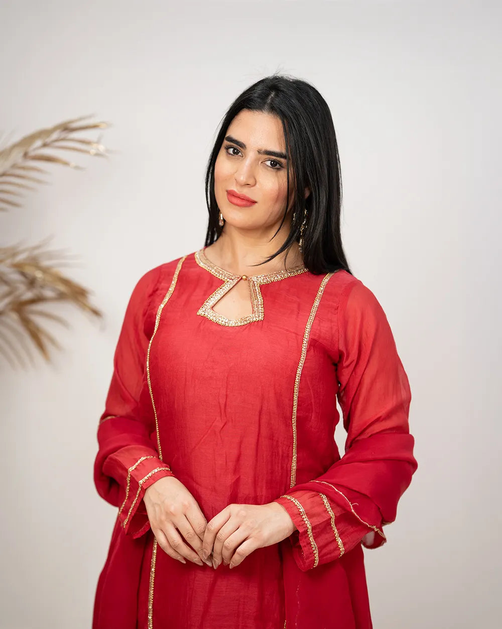 Handworked mul chanderi A-line suit- pink red