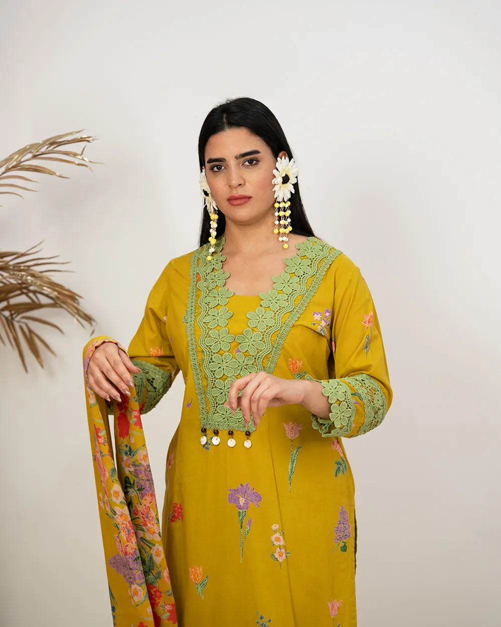 floral printed cotton salwar suit with lace work-yellow