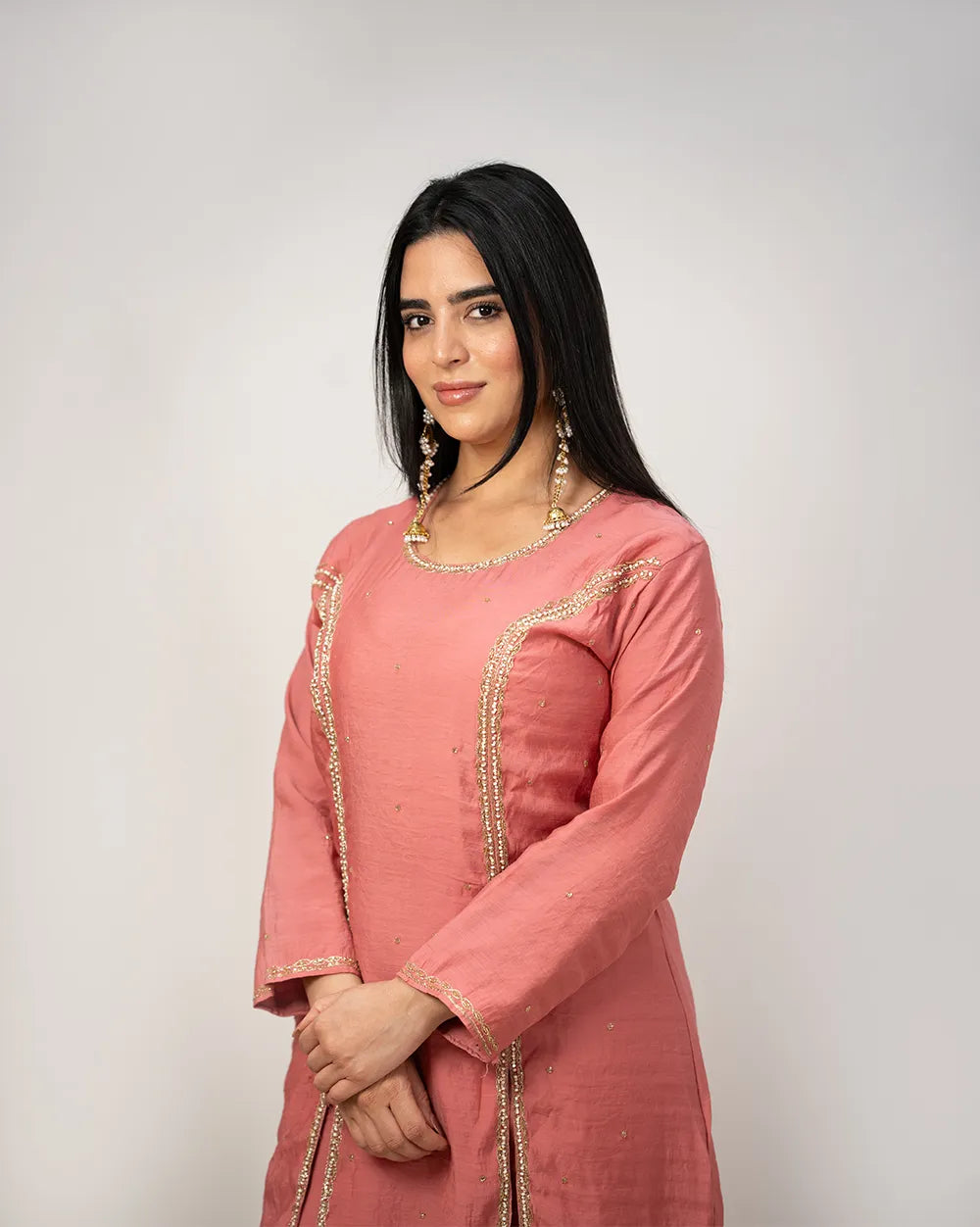 Handworked double slitted suit- pink shade
