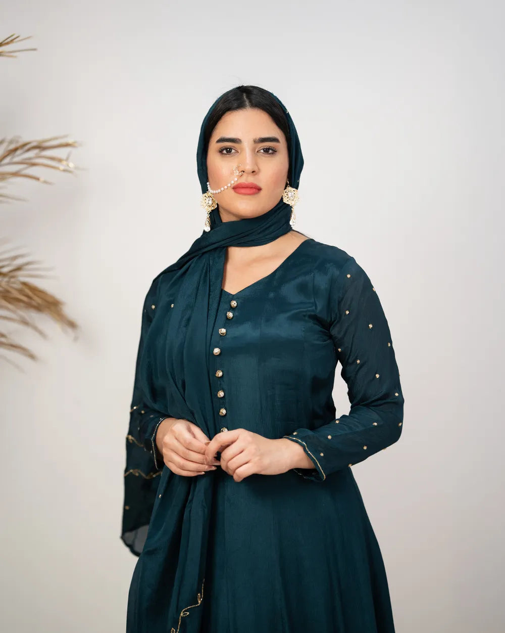 Handworked V-neck chinon anarkali- peacock blue